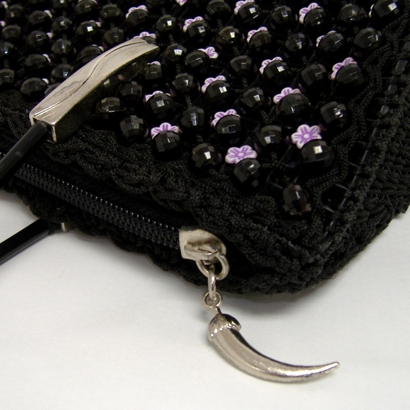 Black Fenghua Purse Pink Flower Beaded Tote Evening Handbag Silver Metal - Picture 8 of 8